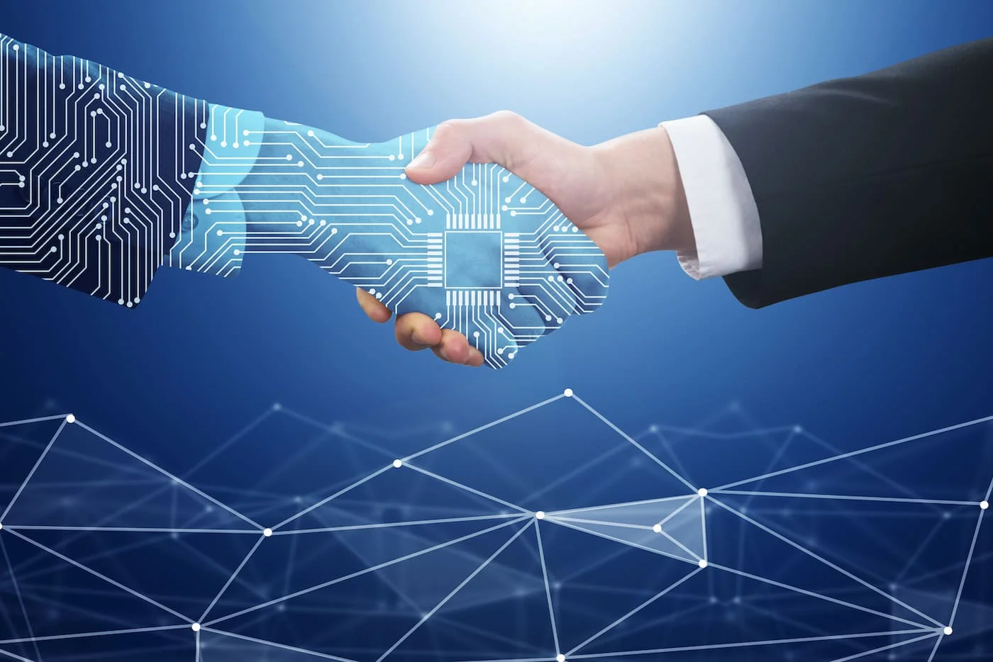 Businessman handshake with digital tech on blue background
